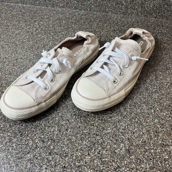 Converse Shoes - Converse All Star Slip On Beige Pinstriped Canvas Shoes Womens Sz 9 Stretch Back
